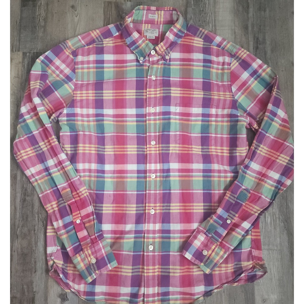 J.Crew Button Down Shirt Mens L Pink Summer Plaid Slim Fit Cotton 44917